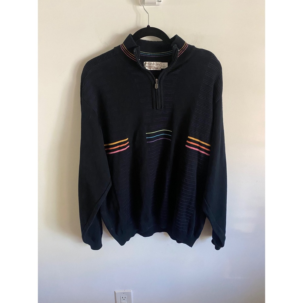 St. Croix Knits Mens XL Quarter Zip Sweater Black Multi Color Stripe Made in USA